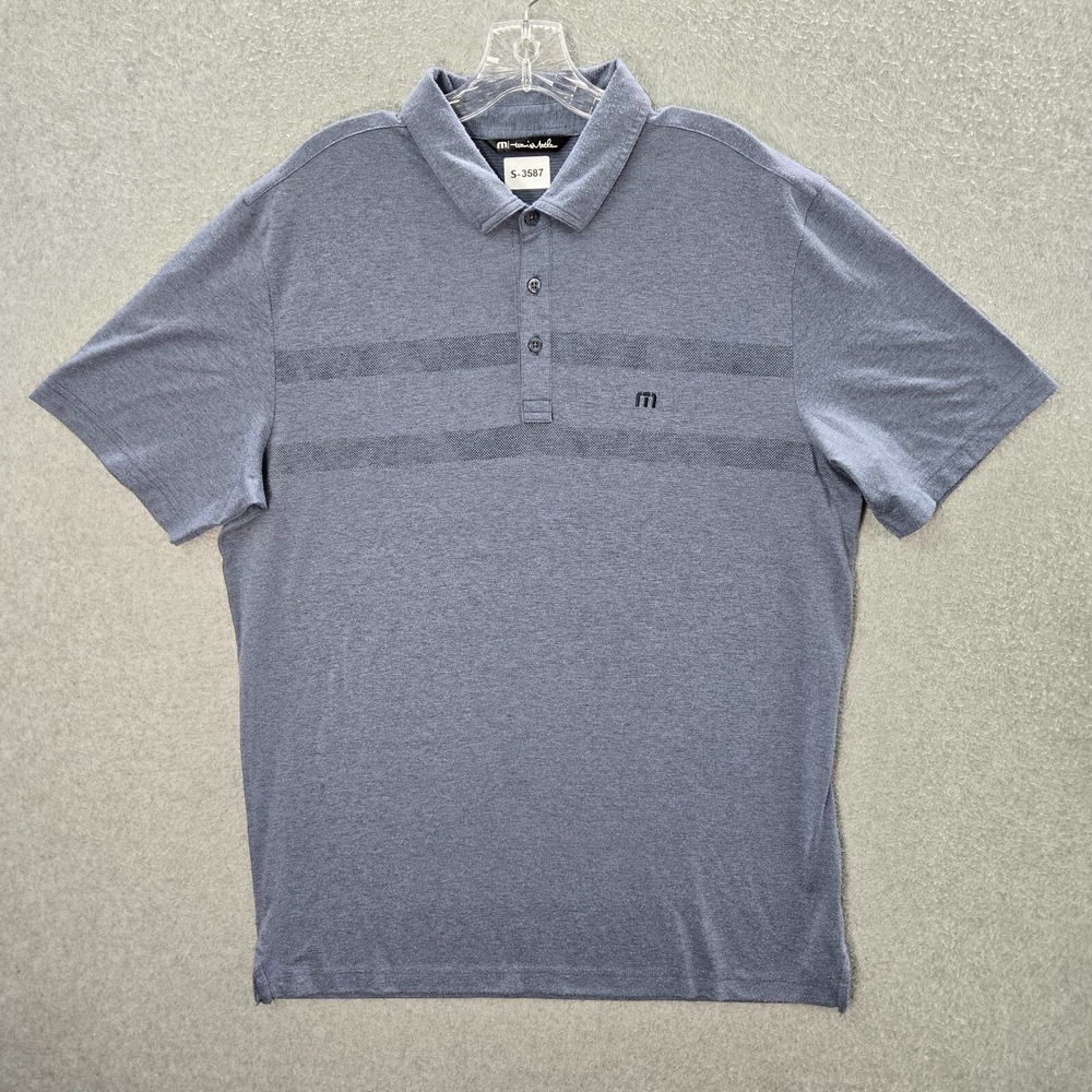 Travis Mathew Men Polo Shirt Large Blue Striped Collar Short Sleeve